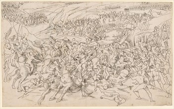 Battle scene between cavalry and infantry, feather in black, Leaf: 20.2 x 32.5 cm, Unmarked, Tobias