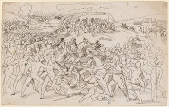 Battle scene between naked infantry and cavalry, feather in black, Leaf: 20.2 x 32.7 cm, Unmarked,