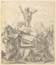 Allegorical depiction of the Resurrection of Christ, feather in black, gray washed, fully wound,
