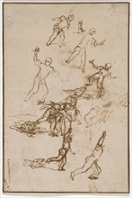 Sketch sheet with studies on the subject of Tobias frightens before the fish, 1st third of the 17th