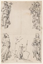 Designs for flanking figures with Fides, Caritas, Patientia, Spes and Putto with empty escutcheon,