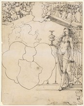 Broken glass with naked girl and not executed coat of arms (to Rhine?), In the upper pictures