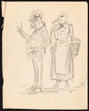 Caricature of a Married Couple: Man with Rooster Head and Woman with Duck Head, Pencil, Sheet: 13.9