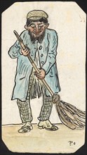 Man with Broom, Pencil, Feather in Black, Colored Pencil, Sheet: 13.9 x 10.9 cm, U. r., signed with