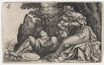 Samson and Delilah, 1531/32, copperplate engraving, sheet: 5 x 8 cm, O. l., monogrammed: GP