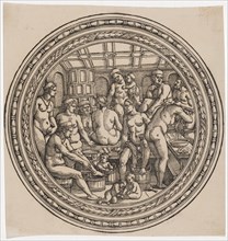 The Frauenbad, 1530/40, woodcut, sheet: 30.5 x 30 cm |, Image: 29.5 cm (diameter), O. M