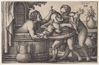 Women and Fool in the Bathhouse, 1541, copperplate engraving, II. Condition, sheet 4.5 x 6.9 cm, O.
