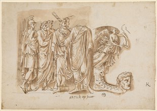 Fragment of a triumphal relief with emperor, virtus and entourage, further studies, 1541/47, pen in