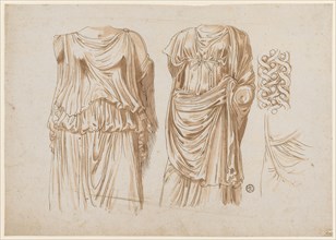 Two torsos of female robed statues, 1541/47, feather in brown, red-brown washed, leaf: 21 x 29.9