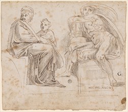 Two sketches after the ceiling fresco Michelangelo in the Sistine Chapel: Seated woman and boy of