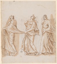 Three nymphs walking to the left, after a relief of the Puteal Albani, 1541/47, feather in brown,
