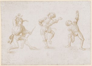 Three Moriscan Dancers, the left dressed as a fool, early 16th C., feather in brown, sheet: 10.6 x