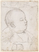 Sleeping child, pen in black, over preliminary drawing with graphite pencil, Sheet: 14 x 10.5 cm,