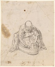 Woman bathing a small child in the bath, feather in gray, Sheets: 18.4 x 15.3 cm /14.8 cm,