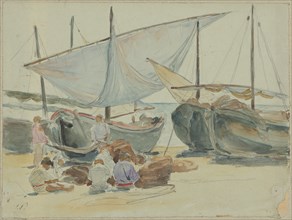Barks with sails and nets on the beach at Porto d'Anzio, pencil and watercolor on light green