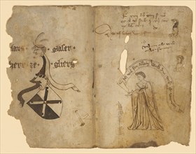 Double sheet with sketches: on the left half a coat of arms, on the right half standing woman with