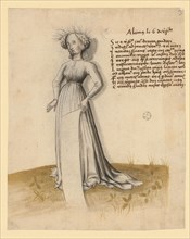 Young girl with blank banner, standing on a meadow, c. 1460, pen in black, gray washed, white and a