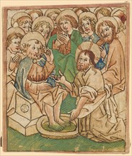 Christ washes Peter's feet, last quarter of the 15th century, feather in brown, green, blue and