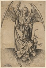 The Archangel Michael above the devil, holding a soul (naked child) in his arms, feather in black,