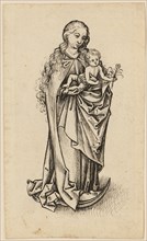 Mary with Child, standing on the crescent moon, feather in dark brown, leaf: 21.1 x 12.4 cm,