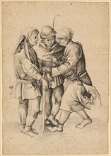 Three farmers in conversation, feather in dark brown, leaf: 21.2 x 14.8 cm, unsigned, Martin