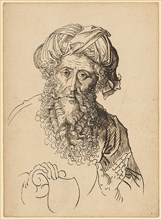 Half-length portrait of a bearded man with a turban and a small escutcheon (?), Pen in brown,