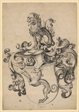 Coat of arms with a leaping greyhound, a sitting lion as a helmet ornament, c. 1500, feather in