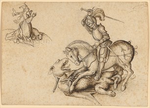 The hl., Georg in the Dragon Battle, c. 1500, quill in brown, over chalk drawing, sheet: 11.1 x 15