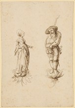 Citizen's wife and farmer (?), Standing on calyx, early 16th c., Feather in brown, folio: 14.9 x 10