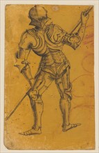 Warrior in heavy armor with lance, seen from the back, 2nd half of the 15th century, feather in