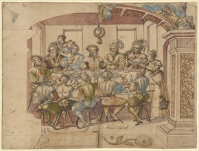 Disc break with guild meal (feast meal?), Around 1555, feather in dark gray, colored in watercolor,
