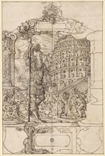Broken glass with battlements to Babel, including two empty escutcheons, 1571, feather in dark