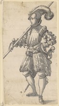 Young warrior, feather in black, gray wash, sheet: 40 x 21.1 cm, unmarked, Anonym, Schweiz, 2.