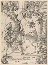 Disc tear with musketeer as a shield attendant and coat of arms Balthasar Kofferlin by Thann, in