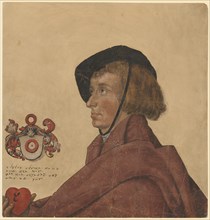 Portrait of a young man, pen in brown, brush and cover colors, cut along the contours and mounted