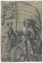Disc tear with standard bearer and woman as shield companion and unidentified coat of arms, 1531,