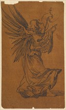 Angel in back view, feather in black, on formerly oiled, today browned paper, mounted, sheet: 13.6