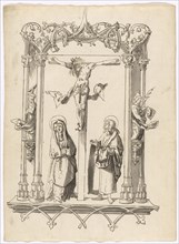 Christ on the cross between Mary and John, in architectural frame, feather in black, greyish