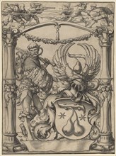Broken glass with Landsknecht and pear coat of arms, after 1529, pen and brush in black and gray,