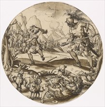 Slice in the round with David's fight against Goliath, in front David, who kills the lion, feather