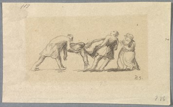 Untitled [Two men carry an unconscious man past a woman], 1918, pencil on thin paper, mounted on