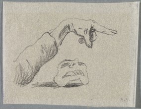 Untitled [A hand with outstretched index finger over a lying mask], 1918, pencil on thin paper,