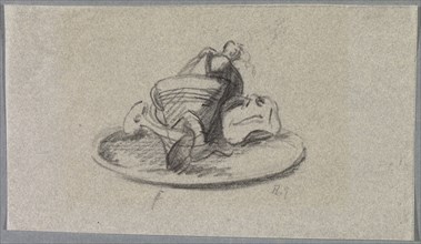 Untitled [Champagne cooler with bottle and glass with a mask on a tray], 1918, pencil on thin
