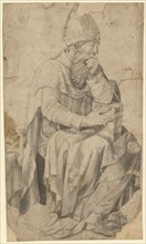 Seated Bishop or Father of the Church, 1544, pen in brown, gray washed, mounted, sheet: 25.4 x 14.5