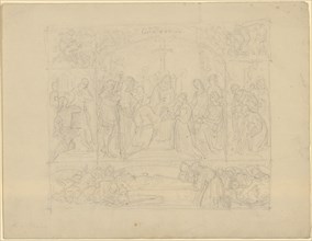 Six-part composition with scenes from the life of Gudrun, 1800-1899, pencil, single-line rectangle