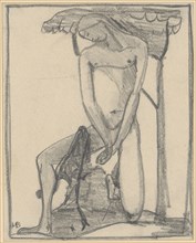 Frontal female nude, pencil, one-line rectangle border, mounted, leaf: 15.9 x 12.7 cm, U. l.,