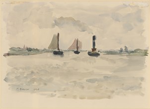 Dutch stream landscape with two sailors and a steamship, 1930, watercolor, mounted, leaf: 30.9 x 42