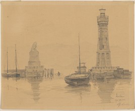 Lighthouse and lion painting on high stone base in the port of Lindau, 1885, pencil on light,