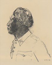 Half-length portrait of an interned Spahi with a turban-like headgear in profile to the left, 1940,