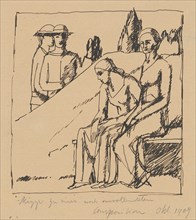 Two sitting women, 1909, pen on lined paper, single-line rectangle edging, sheet: 24.2 x 19 cm,